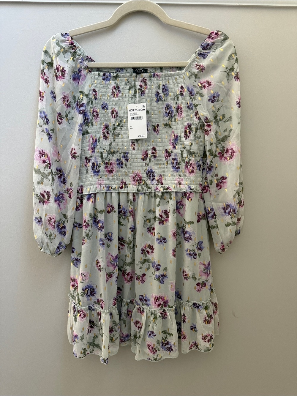 NWT Zunie Girls Light Gray-Green Floral Smocked Square-Neck Dress Sz 12